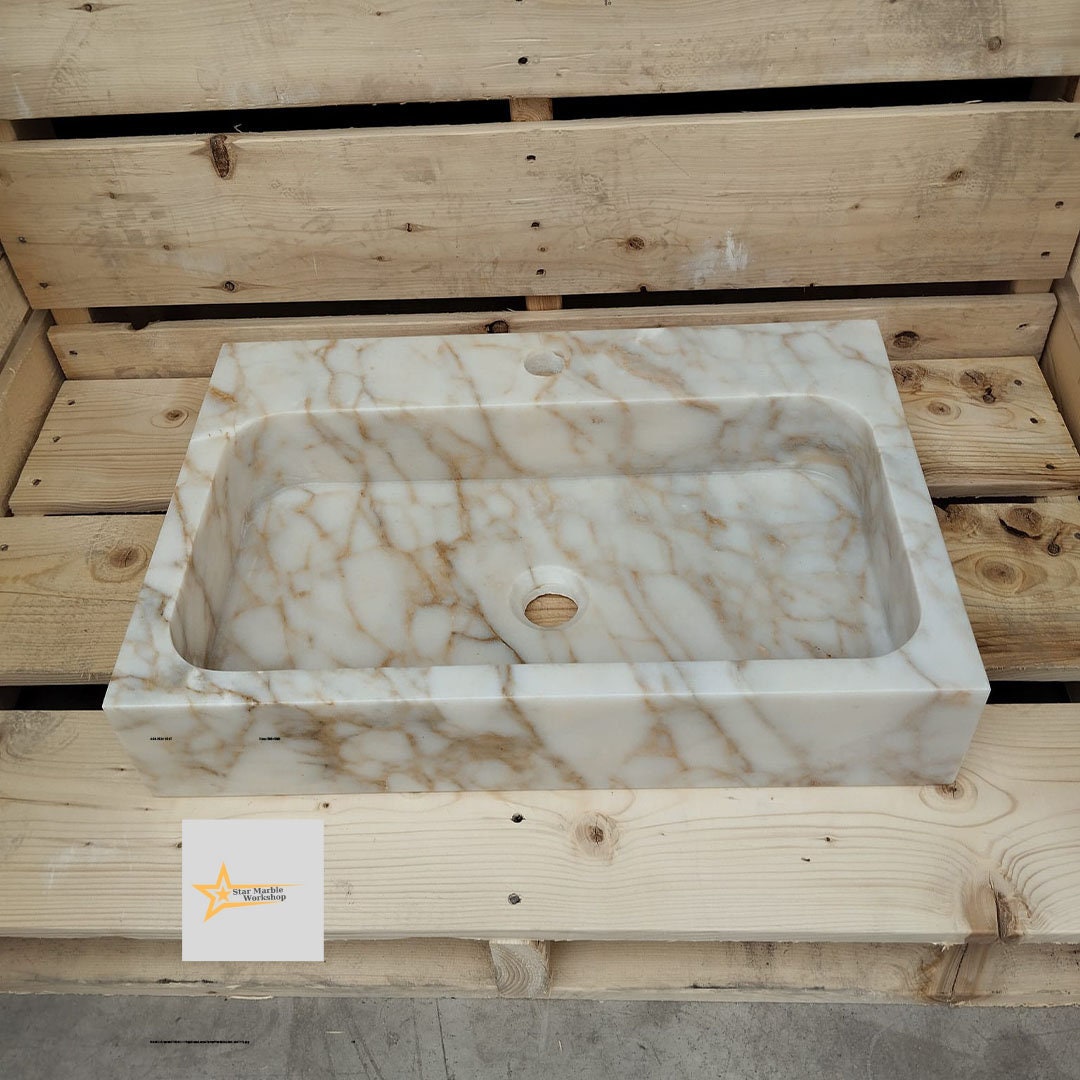 Calacatta Gold Rectangular Sink, Sink With Faucet Hole Farmhouse Sink Powder Room Sink Calacatta Sink  Hand Carved Marble Sink Washbasin