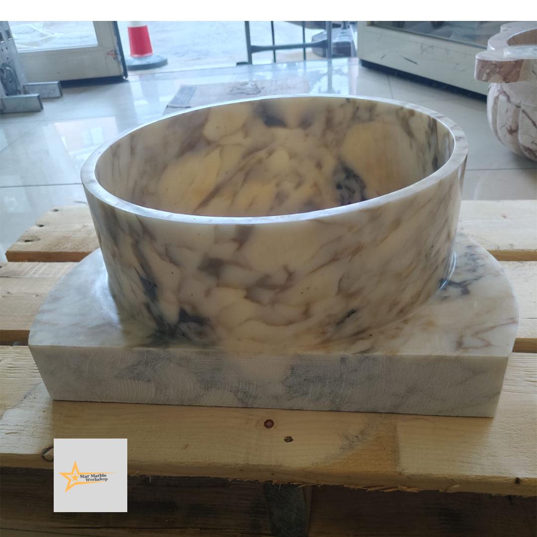 Hand Carved Calacatta Gold Marble Sink: Round Bathroom Vessel