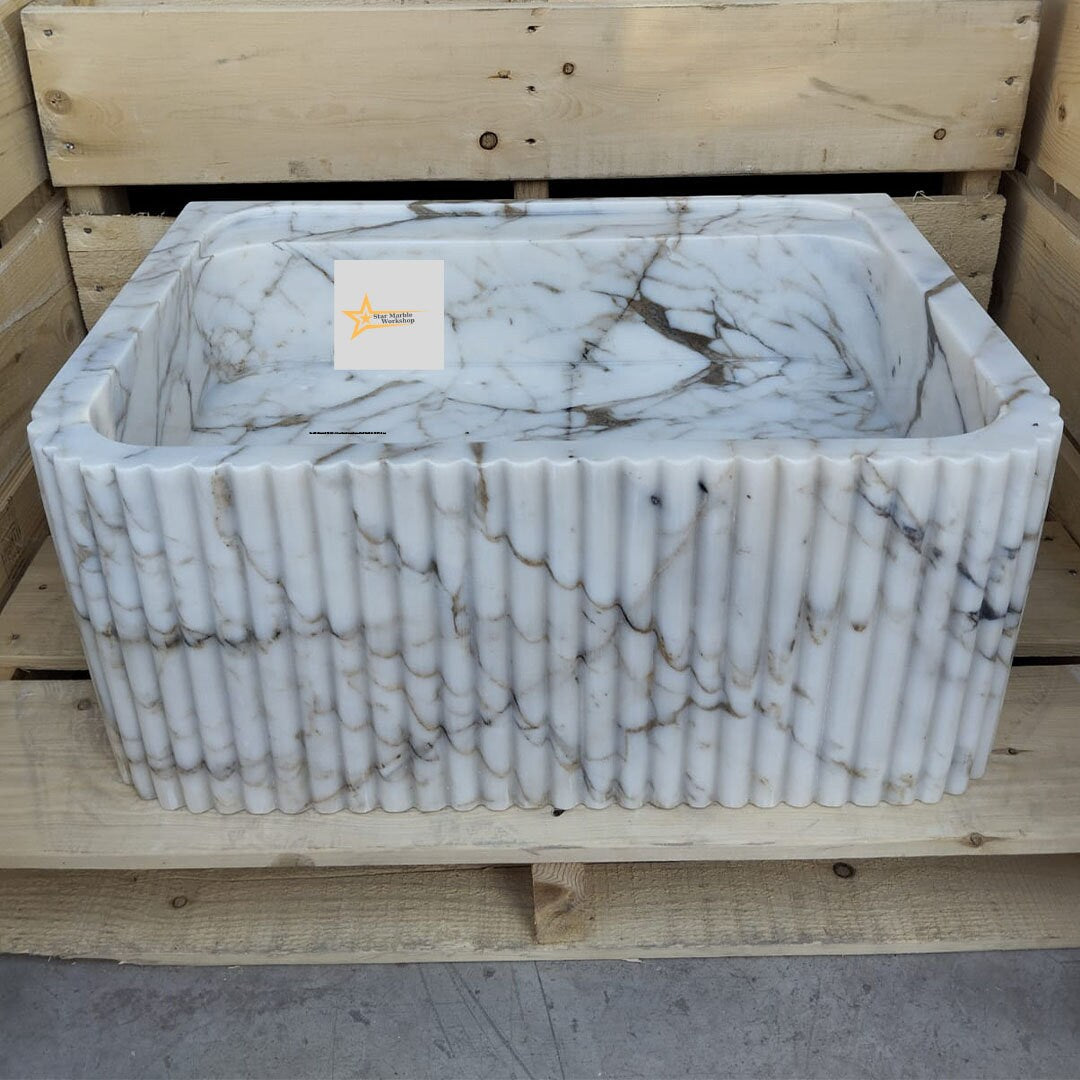 Ready To Ship Calacatta Gold Rectangular Sink Wall Mounted Sink Farmhouse Sink Powder Room Sink Calacatta Sink  Hand Carved Marble Sink