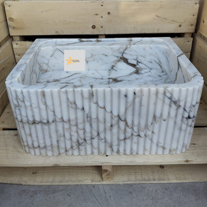 Ready To Ship Calacatta Gold Rectangular Sink Wall Mounted Sink Farmhouse Sink Powder Room Sink Calacatta Sink  Hand Carved Marble Sink
