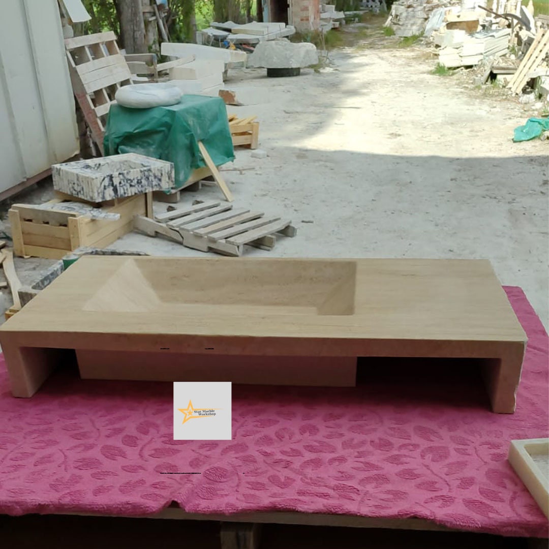 Handmade Travertine Stone Sink – Wall Mounted, Rustic & Modern Bathroom Design