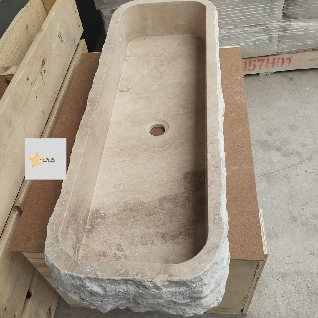 Hand Carved Travertine Marble Sink: Farmhouse Bathroom Vanity (36.2in x 12.5in x 5.9in)