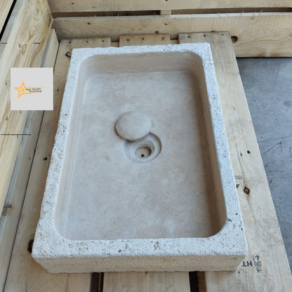 Handmade Travertine Stone Sink – Wall Mounted, Rustic & Modern Bathroom Design