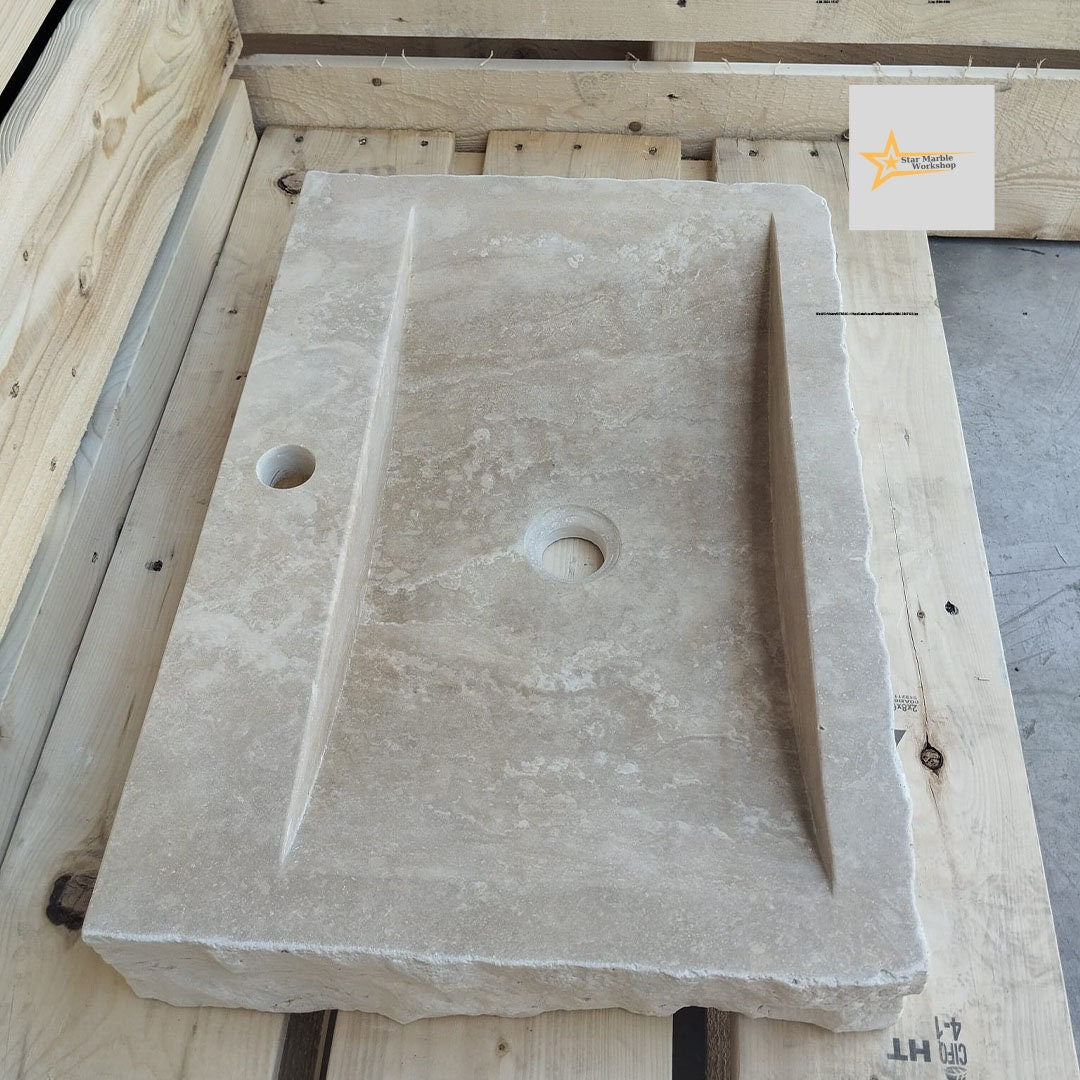 Handmade Travertine Stone Sink – Wall Mounted, Rustic & Modern Bathroom Design