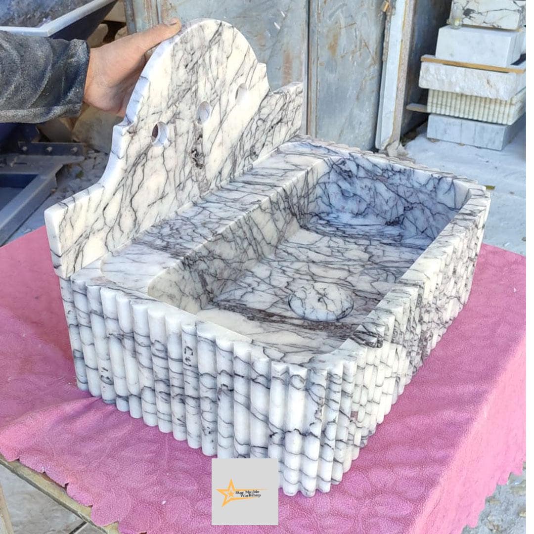 Calacatta Lilac Rectangular Sink, Sink With Faucet Hole Farmhouse Sink Powder Room Sink Calacatta Sink  Hand Carved Marble Sink Washbasin