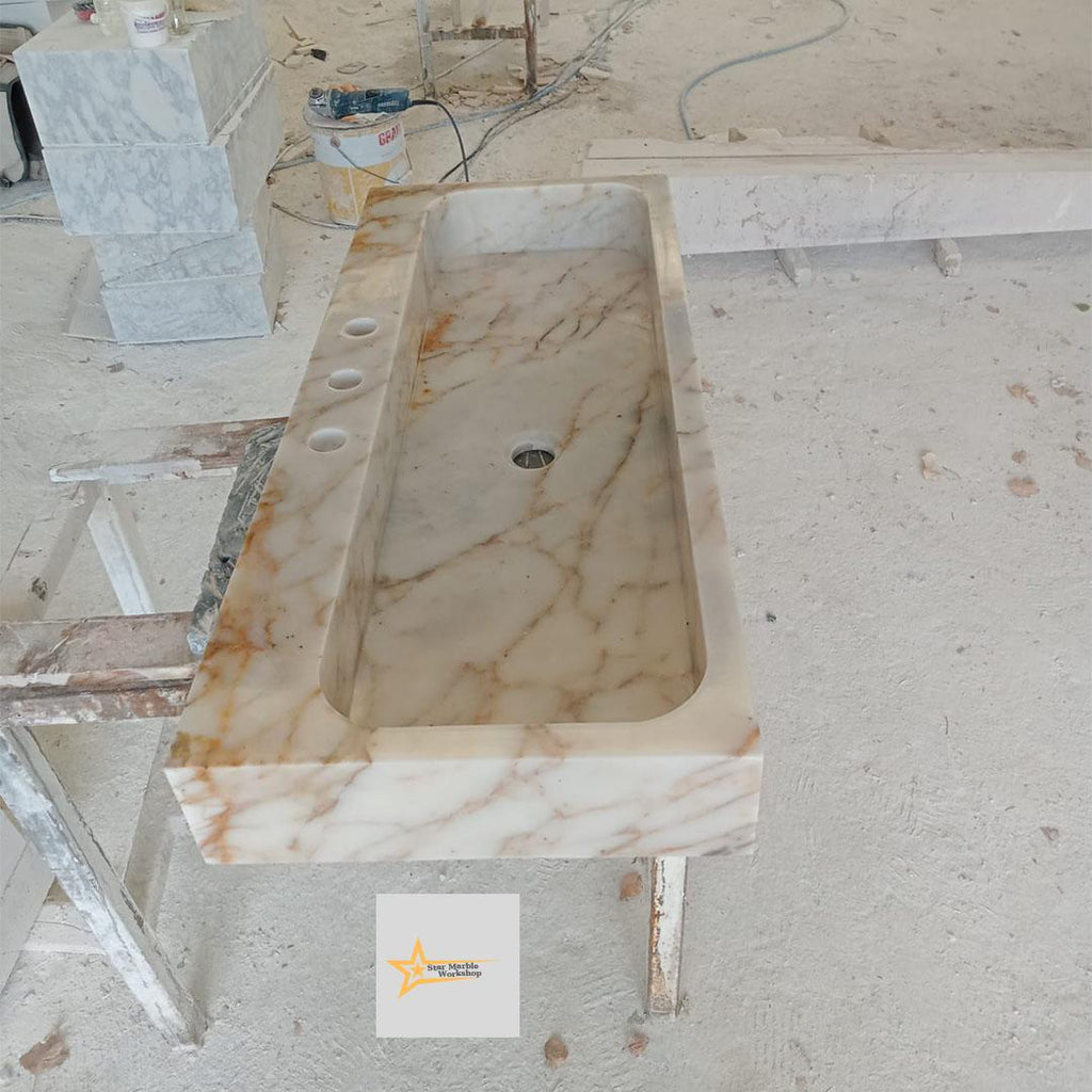 Calacatta Gold Rectangular Sink, Sink With Faucet Hole Farmhouse Sink Powder Room Sink Calacatta Sink  Hand Carved Marble Sink Washbasin