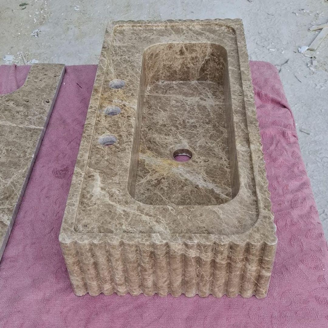 Emperador Marble Sink Wall Mounted Sink Farmhouse Sink Powder Room Sink  Hand Carved Marble Sink Concealed Drain Sink Sink vanity