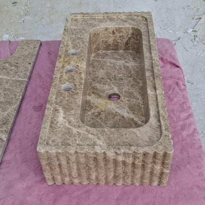 Emperador Marble Sink Wall Mounted Sink Farmhouse Sink Powder Room Sink  Hand Carved Marble Sink Concealed Drain Sink Sink vanity