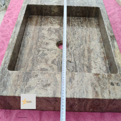 Ready to Ship Silver Travertine Sink Marble Washbasin Wall Mounted Sink  Powder Room Sink Hand Carved Marble Sink Bathroom Sink