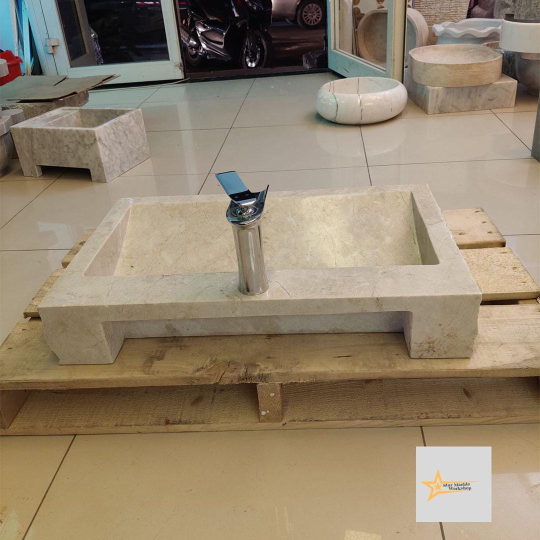 Ready to Ship Beige Marble Sink Rectangular Sink Farmhouse Sink Toilet Room Sink Hand Carved Marble Sink Faucet Hole Sink Wall Mounted Sink