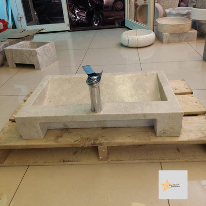 Ready to Ship Beige Marble Sink Rectangular Sink Farmhouse Sink Toilet Room Sink Hand Carved Marble Sink Faucet Hole Sink Wall Mounted Sink