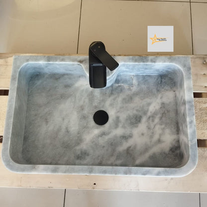 Ready to Ship Gray White Marble Sink Calacatta Viola Marble Sink Farmhouse Sink Powder Room Sink Hand Carved Marble with Faucet Holes