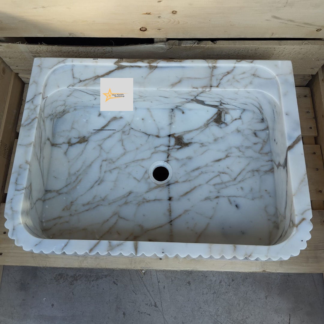 Ready To Ship Calacatta Gold Rectangular Sink Wall Mounted Sink Farmhouse Sink Powder Room Sink Calacatta Sink  Hand Carved Marble Sink