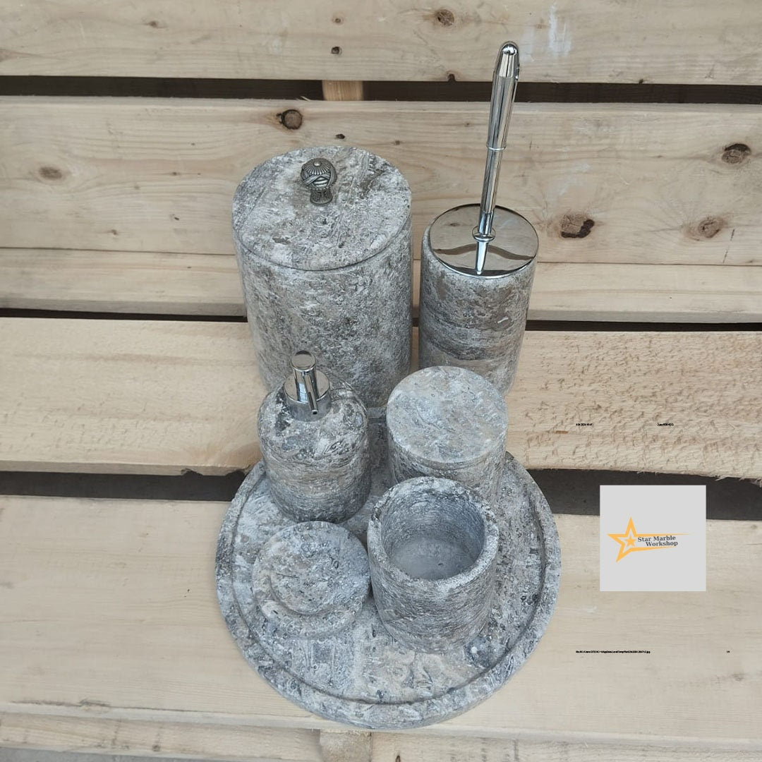 Ready to ship silver travertine bathroom set Luxury bathroom Marble bathroom set 7 piece bathroom design set