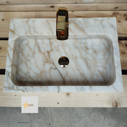 Calacatta Gold Rectangular Sink, Sink With Faucet Hole Farmhouse Sink Powder Room Sink Calacatta Sink  Hand Carved Marble Sink Washbasin