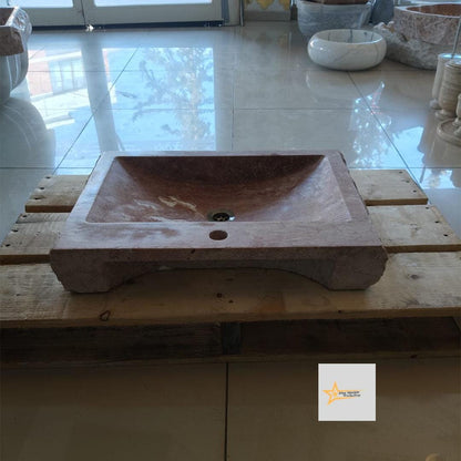 Ready to Ship Red Travertine Sink Farmhouse Sink Powder Room Sink Hand Carved Marble Sink Bathroom Sink Natural Stone With Faucet Hole