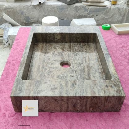Ready to Ship Silver Travertine Sink Marble Washbasin Wall Mounted Sink  Powder Room Sink Hand Carved Marble Sink Bathroom Sink