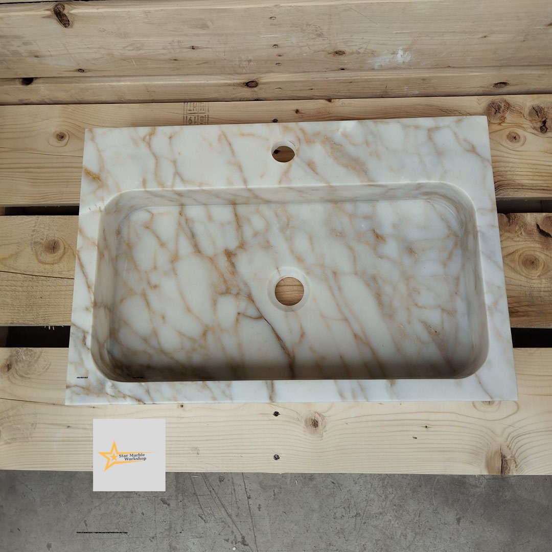 Calacatta Gold Rectangular Sink, Sink With Faucet Hole Farmhouse Sink Powder Room Sink Calacatta Sink  Hand Carved Marble Sink Washbasin