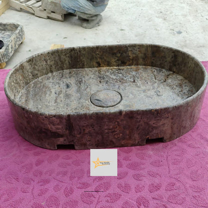 Ready to Ship Silver Travertine Sink Sink with Concealed Drain Wall Mounted Sink Oval Sink  Marble Washbasin  Hand Carved Marble Sink