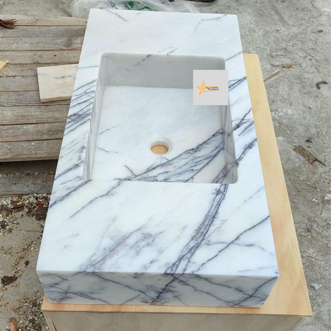 Calacatta Lilac Rectangular Sink, Wall Mounted Sink, Farmhouse Sink, Powder Room Sink, Calacatta Sink, Hand Carved Marble Sink, Sink
