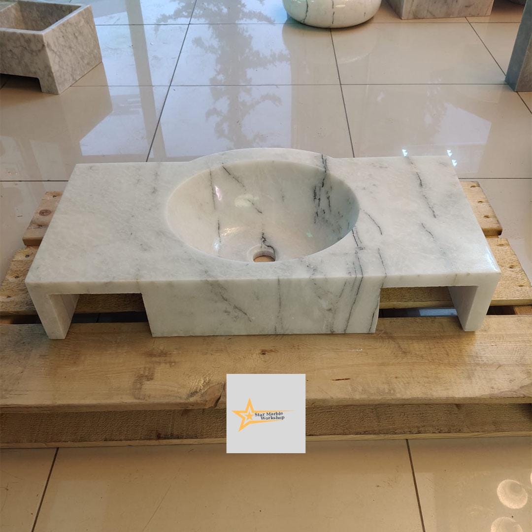 Ready to Ship Carrera White Marble Sink Wall Mounted Sink Farmhouse Sink Powder Room Sink Hand Carved Marble Sink