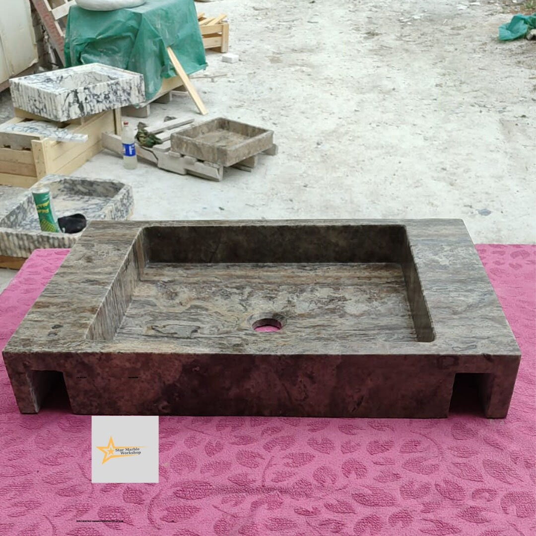 Ready to Ship Silver Travertine Sink Marble Washbasin Wall Mounted Sink  Powder Room Sink Hand Carved Marble Sink Bathroom Sink