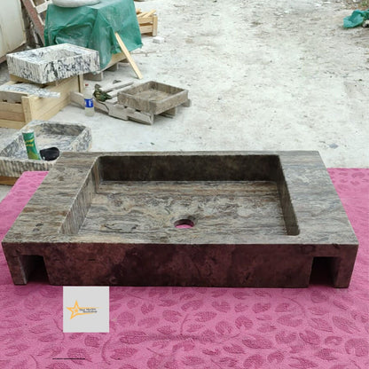 Ready to Ship Silver Travertine Sink Marble Washbasin Wall Mounted Sink  Powder Room Sink Hand Carved Marble Sink Bathroom Sink