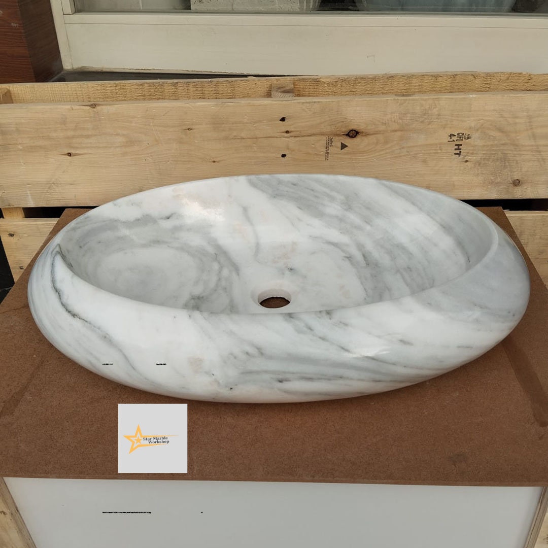 Ready to ship Carrera White Marble Ellipse Sink Farmhouse Sink Powder Room Sink Countertop Sink Hand Carved Marble Sink Sink vanity