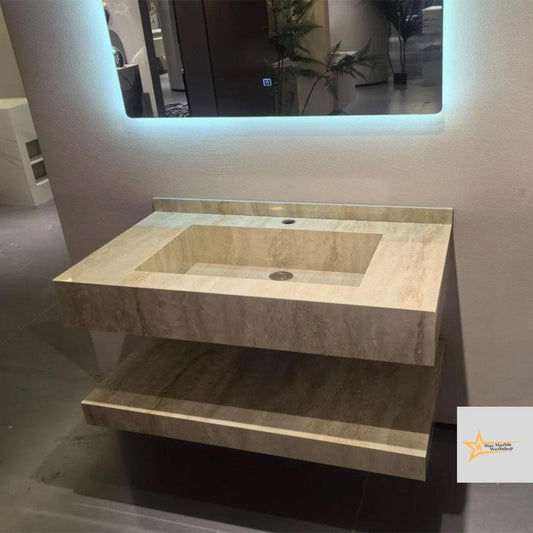 Ready to Ship TSink with Shelf Farmhouse Sink Powder Room Sink  Hand Carved Marble Sink Bathroom Sink natural stone sink  With Faucet Hole