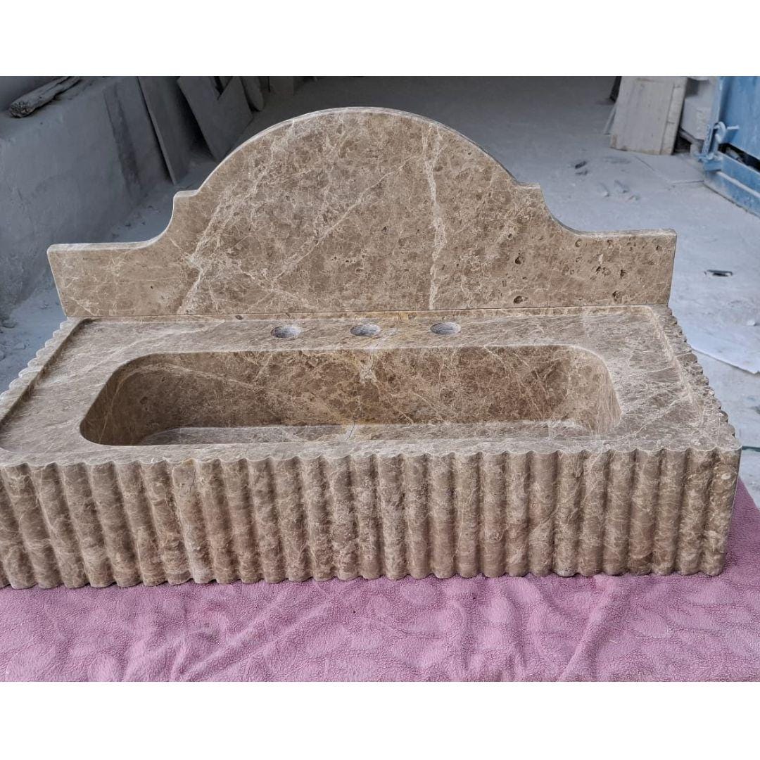 Emperador Marble Sink Wall Mounted Sink Farmhouse Sink Powder Room Sink  Hand Carved Marble Sink Concealed Drain Sink Sink vanity