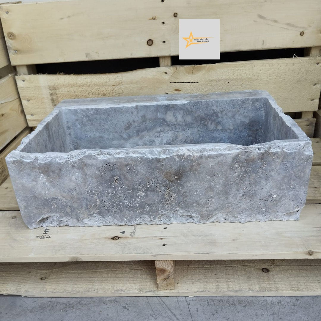 Ready to Ship Silver Travertine Sink Farmhouse Sink Powder Room Sink Hand Carved Marble Sink Bathroom Sink Natural Stone With Faucet Hole