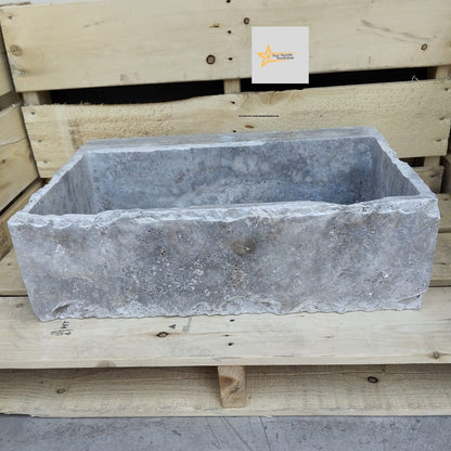 Ready to Ship Silver Travertine Sink Farmhouse Sink Powder Room Sink Hand Carved Marble Sink Bathroom Sink Natural Stone With Faucet Hole
