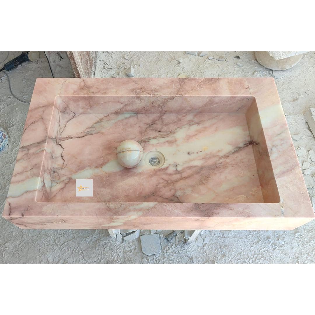 Handmade Pink Marble Sink Vessel Sink Wall-Mounted or Countertop Basin Natural Stone Rectangular Washbasin Marble Sink chiseled sink sink