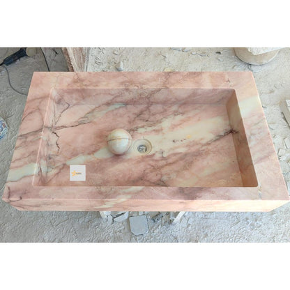 Handmade Pink Marble Sink Vessel Sink Wall-Mounted or Countertop Basin Natural Stone Rectangular Washbasin Marble Sink chiseled sink sink