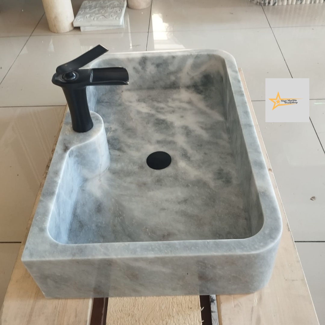 Ready to Ship Gray White Marble Sink Calacatta Viola Marble Sink Farmhouse Sink Powder Room Sink Hand Carved Marble with Faucet Holes