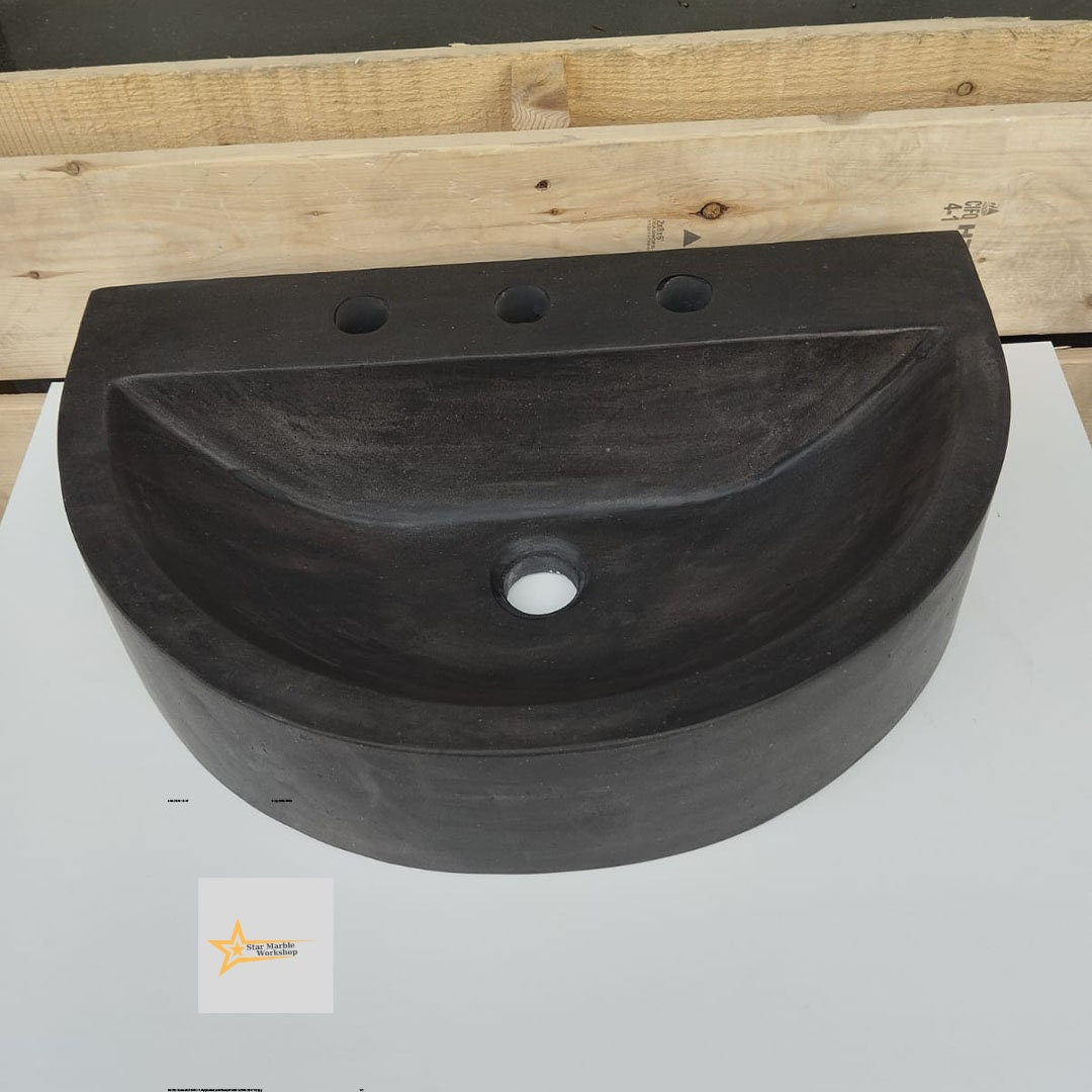 Basalt Black Stone D Design Sink With Faucet Hole 100% Natural Stone   Matte Black Sink Stone Sink Bathroom Design Sink vanity Handmade Sink