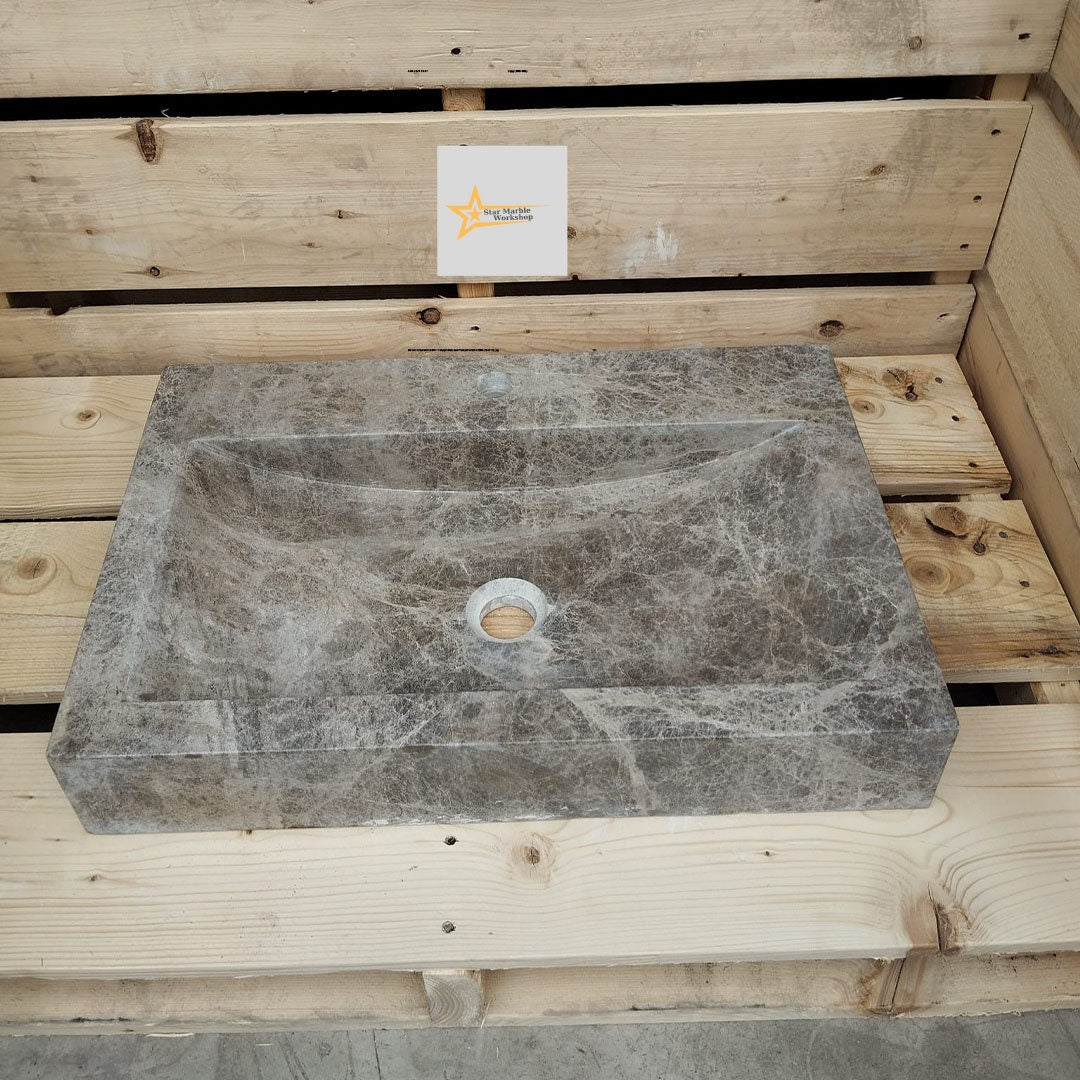 Ready To Ship Dark Emperador Marble Sink With Faucet Hole Farmhouse Sink Powder Room Sink Calacatta Sink  Hand Carved Marble Sink