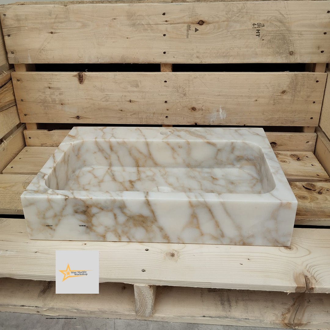 Calacatta Gold Rectangular Sink, Sink With Faucet Hole Farmhouse Sink Powder Room Sink Calacatta Sink  Hand Carved Marble Sink Washbasin