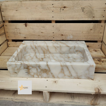 Calacatta Gold Rectangular Sink, Sink With Faucet Hole Farmhouse Sink Powder Room Sink Calacatta Sink  Hand Carved Marble Sink Washbasin