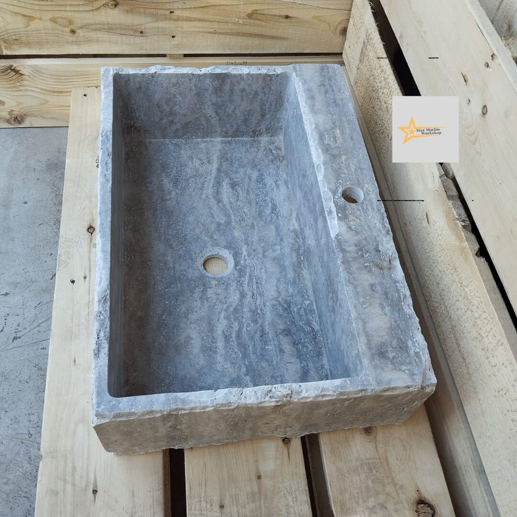 Ready to Ship Silver Travertine Sink Farmhouse Sink Powder Room Sink Hand Carved Marble Sink Bathroom Sink Natural Stone With Faucet Hole