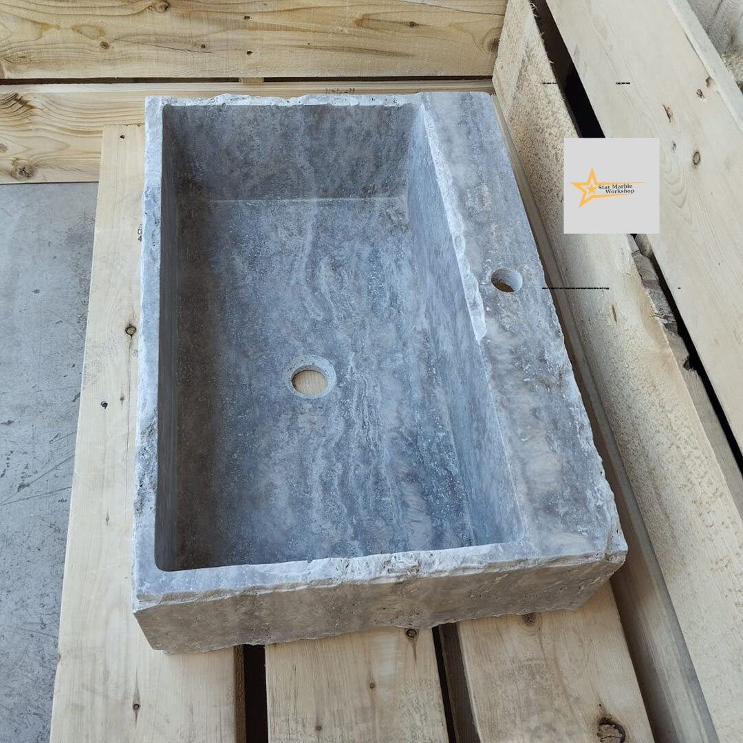 Ready to Ship Silver Travertine Sink Farmhouse Sink Powder Room Sink Hand Carved Marble Sink Bathroom Sink Natural Stone With Faucet Hole