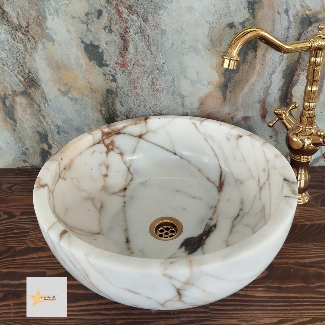 Ready to Ship Gold Calacatta Round Sink Counter Top Sink Toilet Room Sink Calacatta Sink Hand Carved Marble Sink Marble Sink Sink vanity