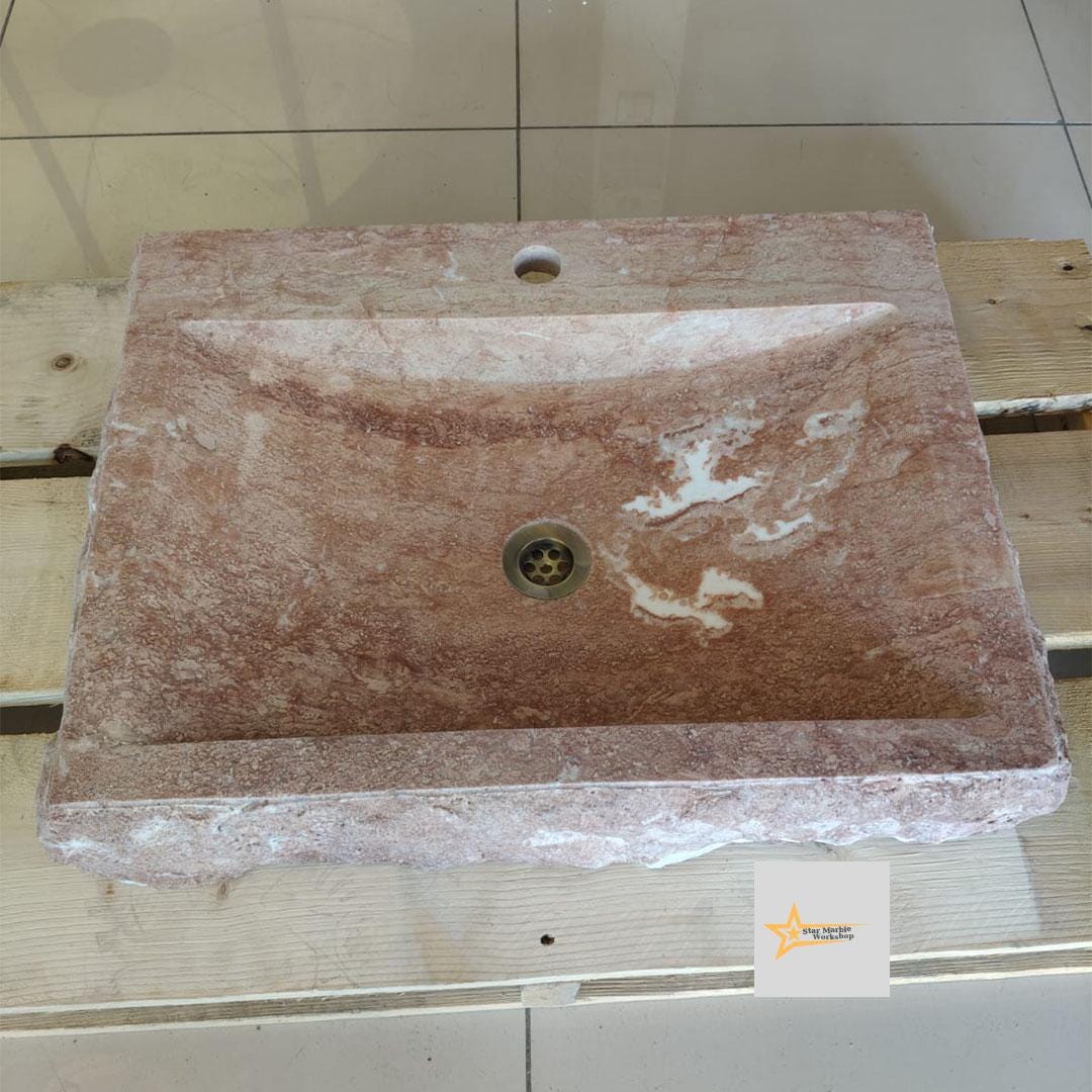 Ready to Ship Red Travertine Sink Farmhouse Sink Powder Room Sink Hand Carved Marble Sink Bathroom Sink Natural Stone With Faucet Hole