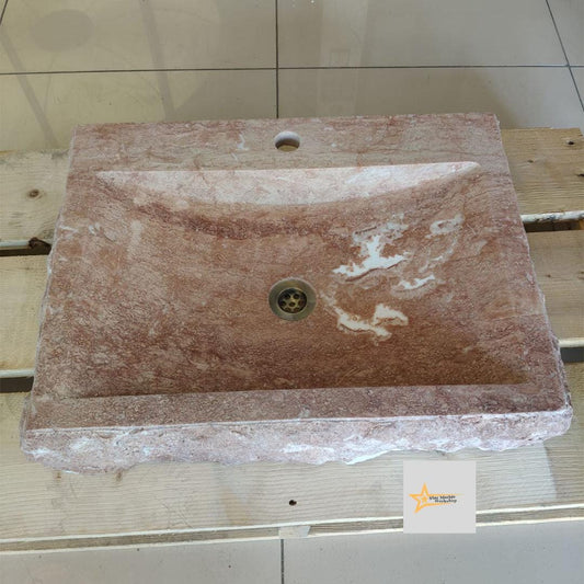 Ready to Ship Red Travertine Sink Farmhouse Sink Powder Room Sink Hand Carved Marble Sink Bathroom Sink Natural Stone With Faucet Hole
