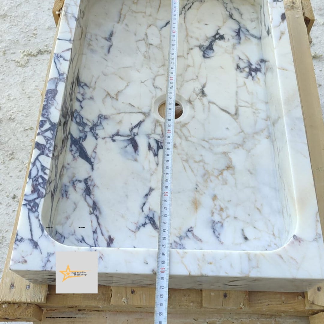 Ready to Ship Calacatta Viola Marble Sink Counter Top Sink Farmhouse Sink Powder Room Sink Calacatta Sink Hand Carved Marble Sink