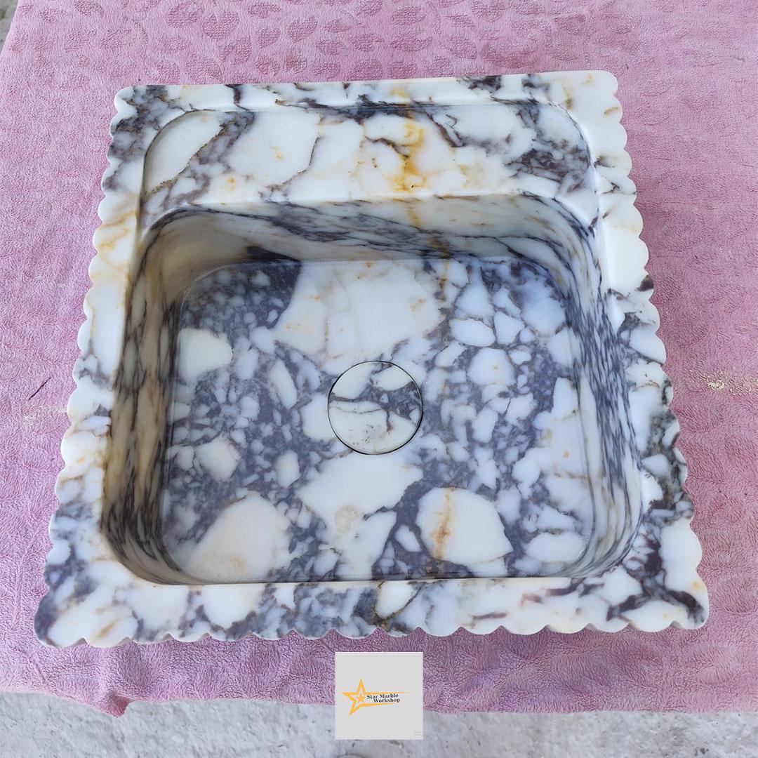 Calacatta Viola Marble Sink Wall Mounted Sink Farmhouse Sink Powder Room Sink  Hand Carved Marble Sink Concealed Drain Sink Sink vanity