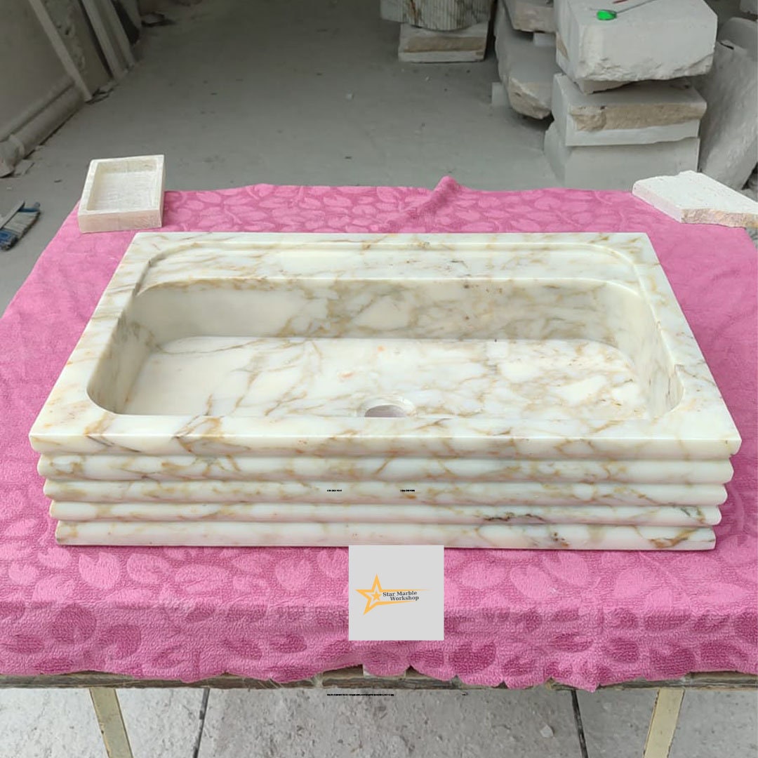 Ready To Ship Calacatta Gold Rectangular Sink Wall Mounted Sink Powder Room Sink Calacatta Sink  Hand Carved Marble Sink Marble Washbasin