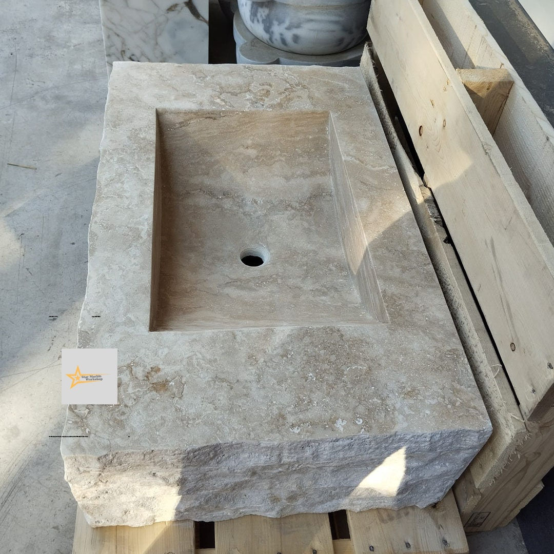 Ready to Ship Travertine  Sink Wall Mounted Sink Farmhouse Sink Powder Room Sink  Hand Carved Marble Sink Bathroom Sink natural stone sink