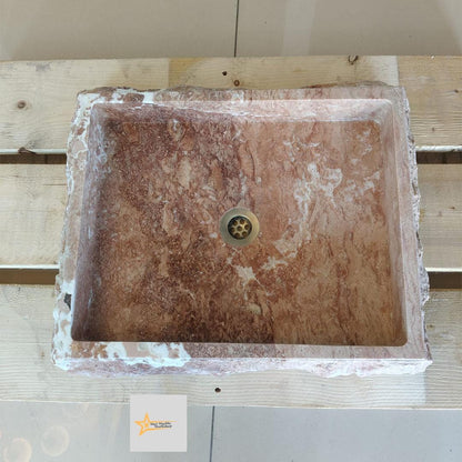 Ready to Ship Red Travertine Sink Farmhouse Sink Powder Room Sink Hand Carved Marble Sink Bathroom Sink Natural Stone With Faucet Hole