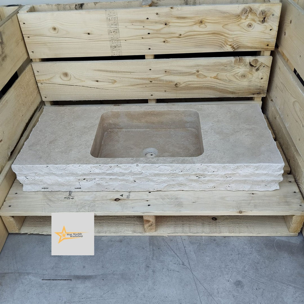 Ready to Ship Travertine Sink Wall Mounted Sink Farmhouse Sink Powder Room Sink Calacatta Sink Hand Carved Marble Sink Bathroom Sink